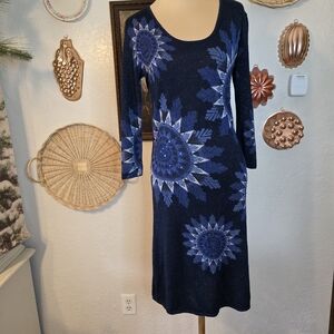 Desigual Y2K Blue Abstract Snowflake Wintercore Festive Sequined Sweater Dress